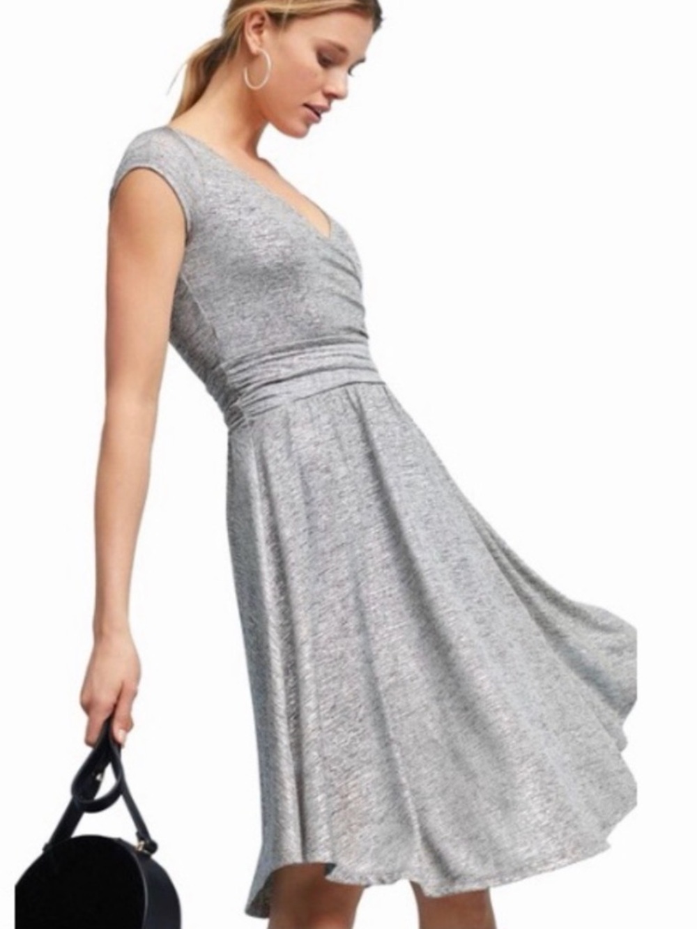Maeve Tamera Metallic Silver V Neck Midi Dress
